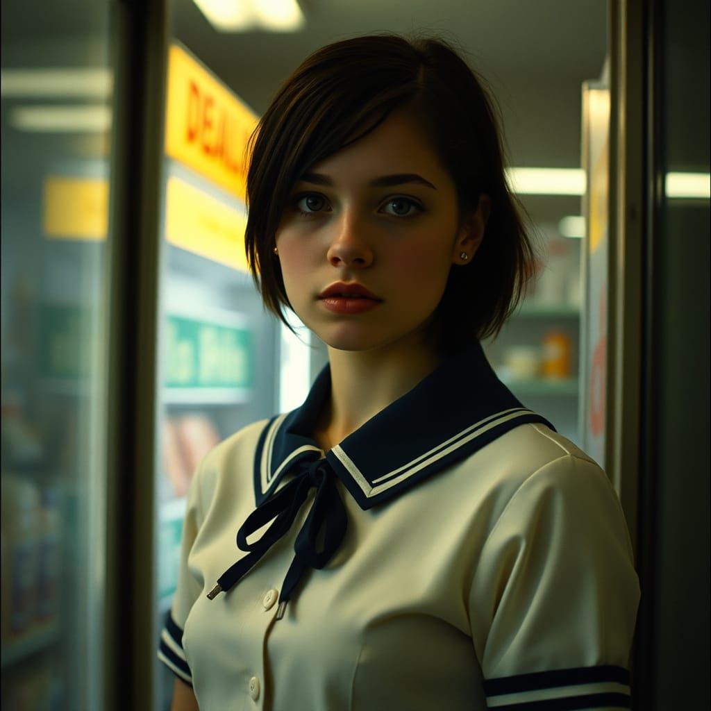 Moody Private School Girl in a Dimly Lit Convenience Store