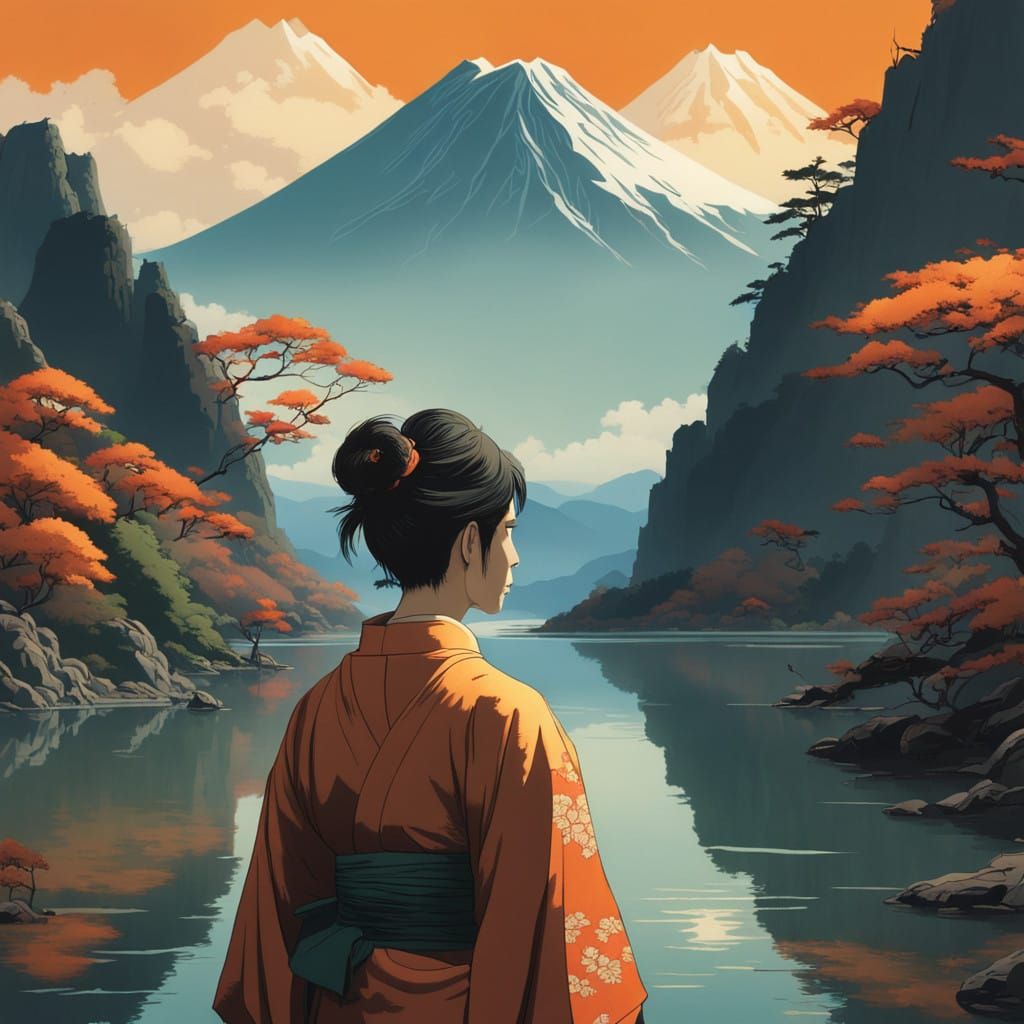 Serene Japanese Gentleman in a Sunset Landscape