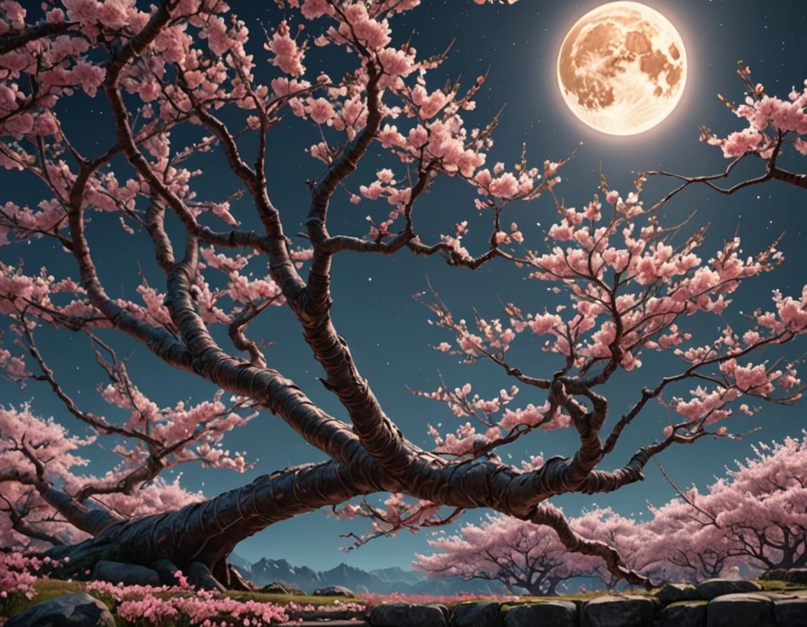 Cherry Blossom Tree with Rising Moon: Digital Art