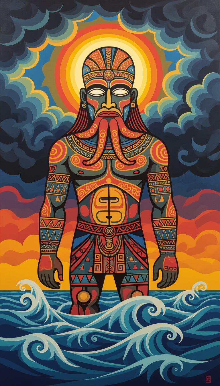 Ancient Cave Art: Giant Tentacled Figure Emerges from Stormy...