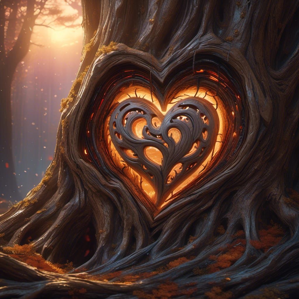 Weathered Tree Heart Carving at Sunset