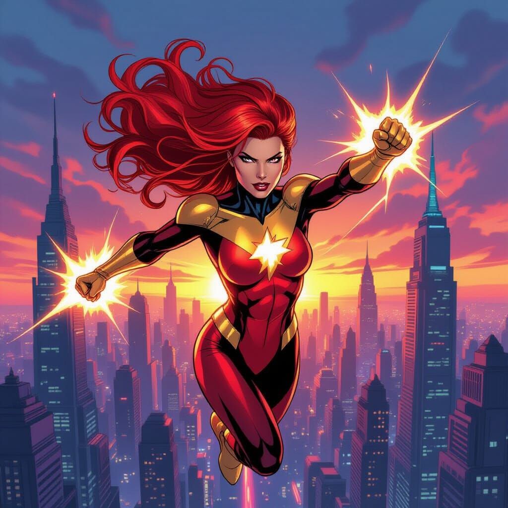 Superheroine Soaring Over Futuristic City at Sunset