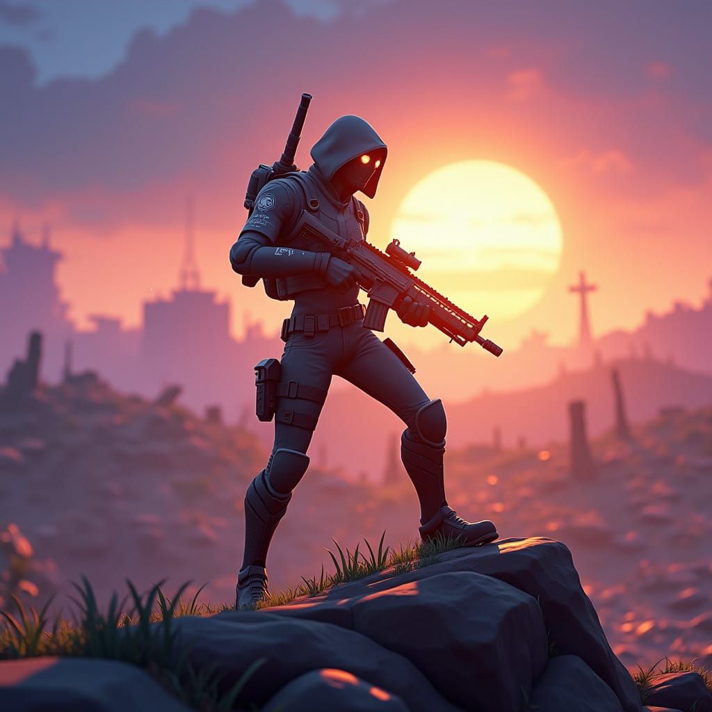 Epic Fortnite Warrior Standing Tall Amidst Ruins in Vibrant....