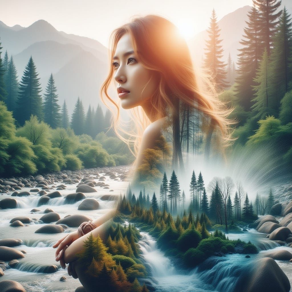Ethereal Woman in Gradient Landscape, Double Exposure Style