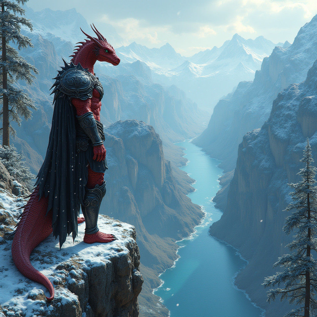 Dragonborn Warrior at Snowy Chasm in Surreal Style