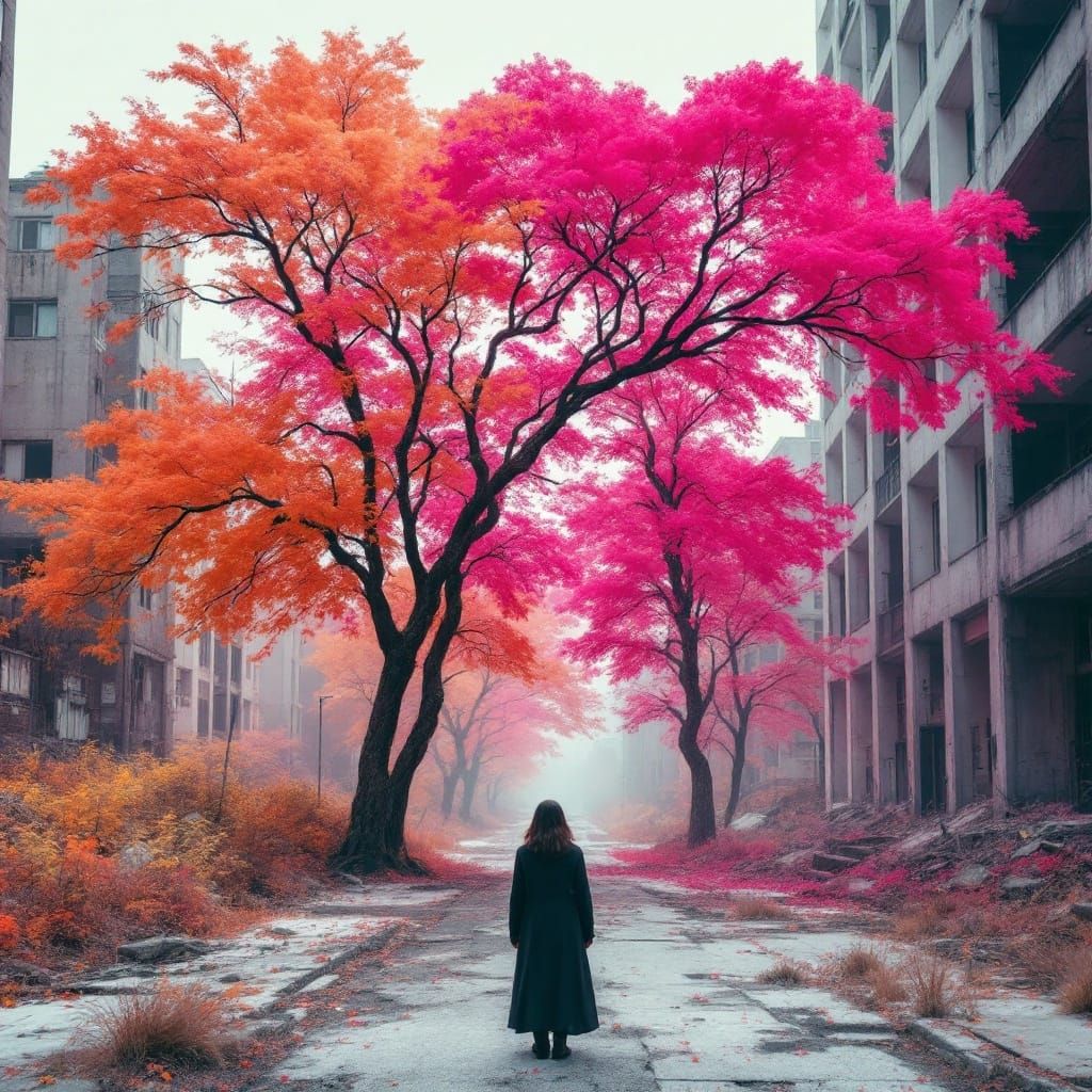 Vibrant Neon Trees Tower Over a Lonely Figure in a Desolate ...