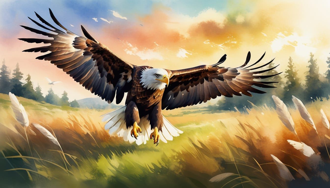Eagle Spreading Wings Over Rabbit in Meadow Watercolor