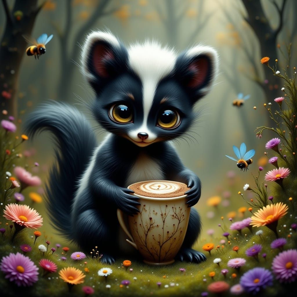 Whimsical Skunk Sips Coffee in Enchanted Meadow