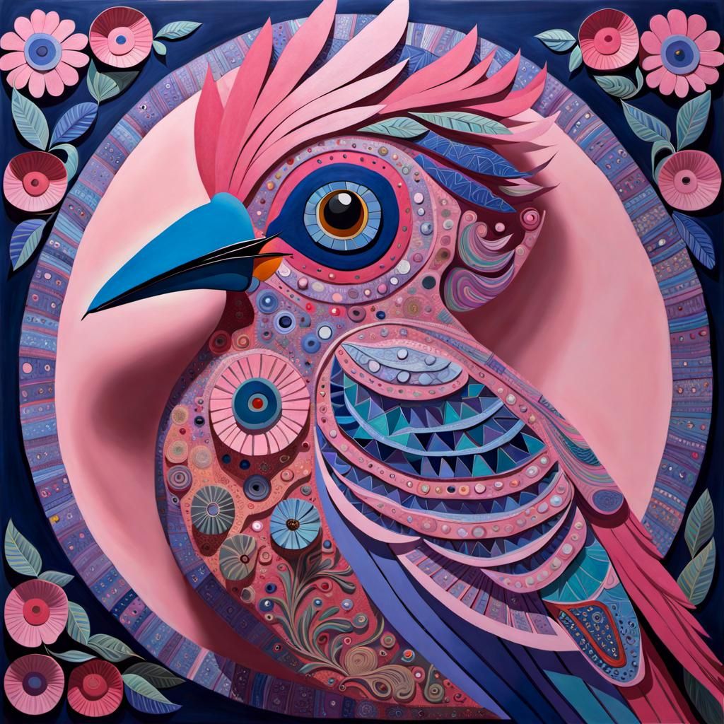 Whimsical Pink Bird Poster Art in Mixed Styles