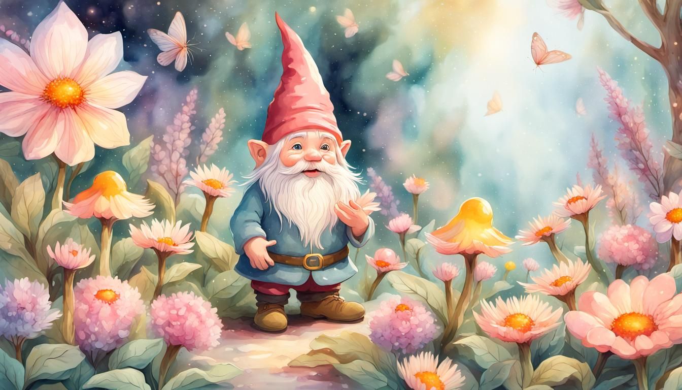Gnome Tending a Magical Garden in Watercolor Style