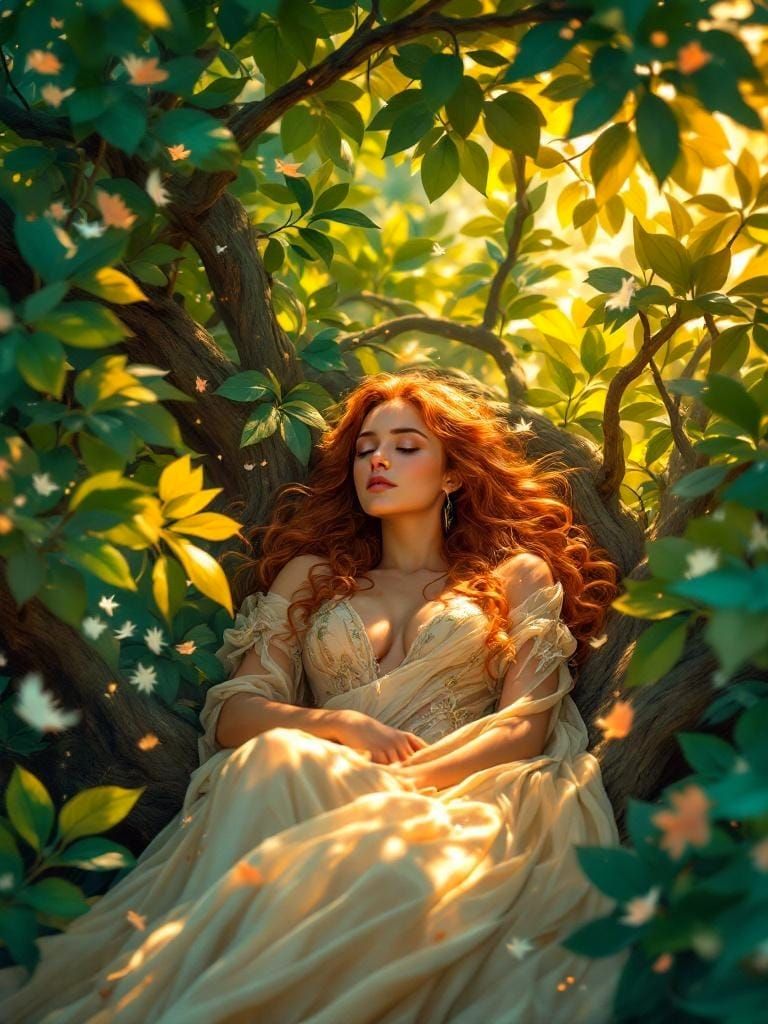 Luminous Woman in Nesting Tree, Digital Oil Painting