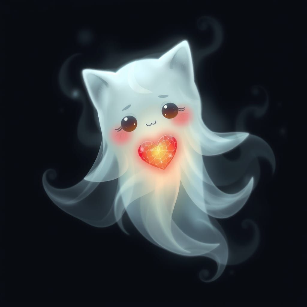 Whimsical Ghostly Spirit with Glowing Red Heart