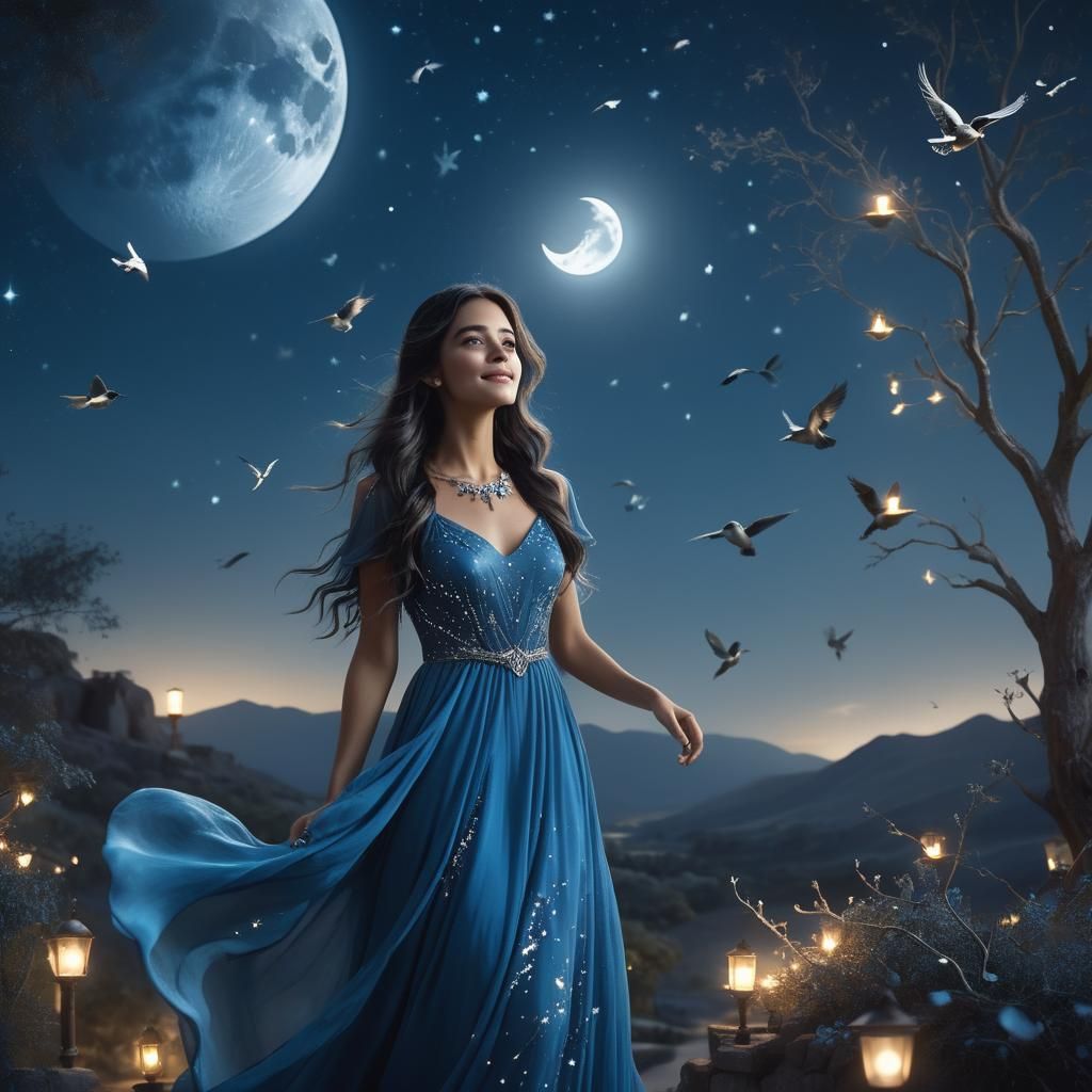 Ethereal Girl Watching Birds Under Starry Sky