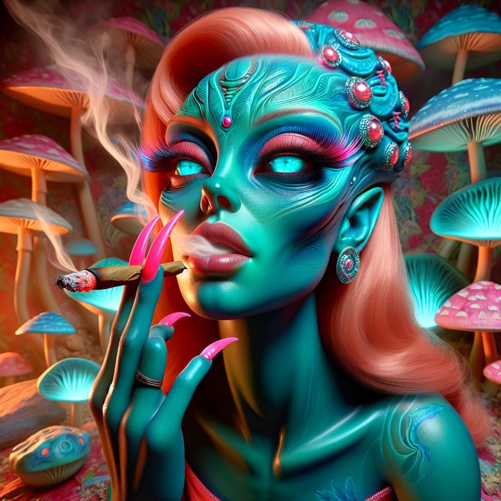 Turquoise Alien Woman Smoking a Blunt