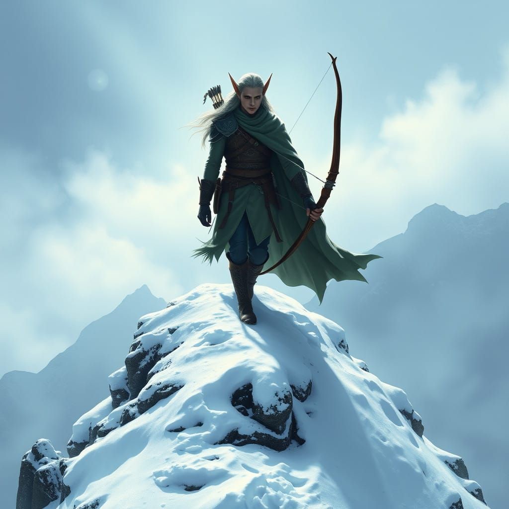 Elegant Elf Archer Stands on Snow-Covered Mountain Peak in D...