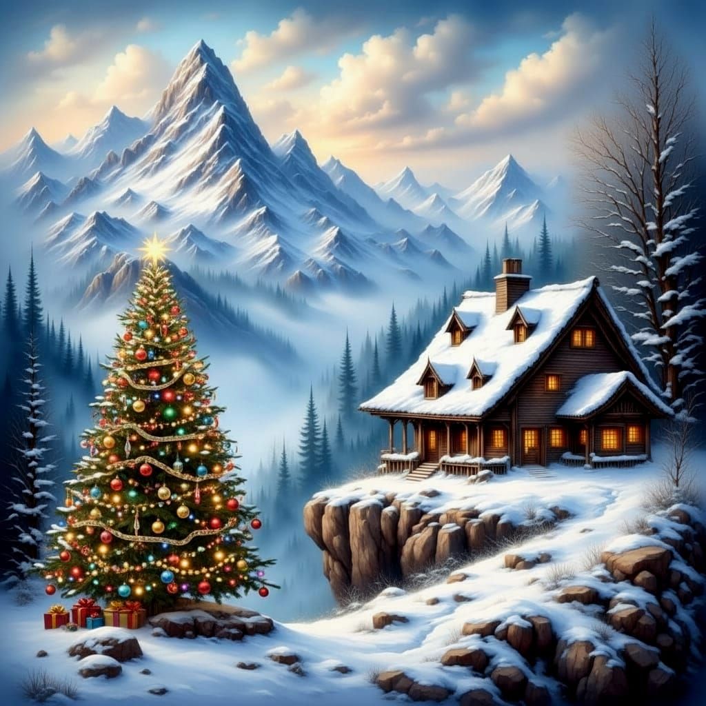 Winter Dragon Watches Snowy Mountain Cottage