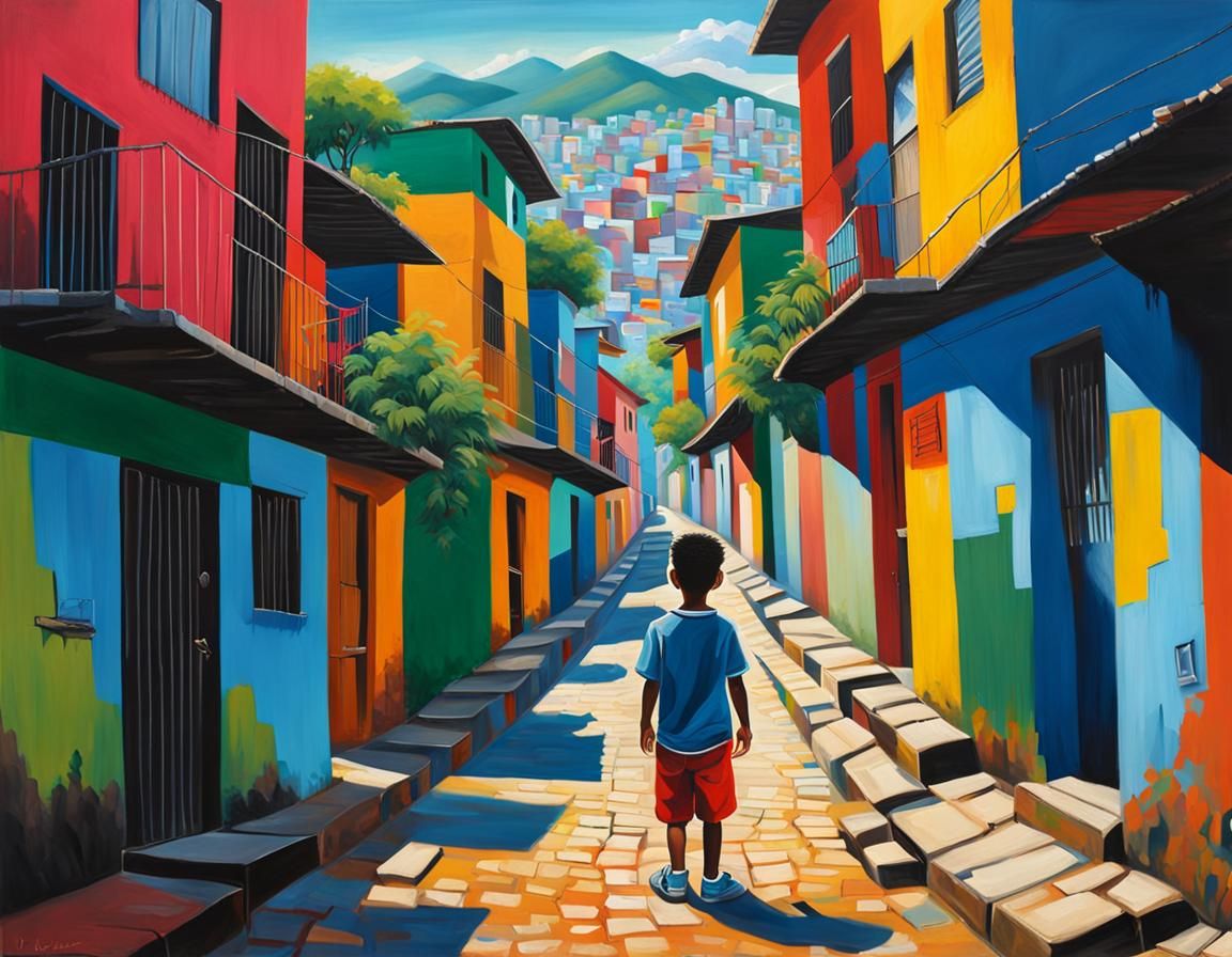 Boy in Favela: A Neo-Expressionist Oil Painting