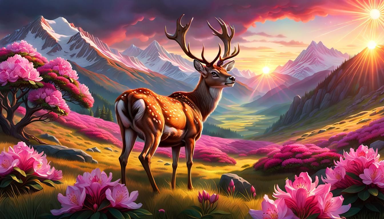 Deer Watches Sunrise Over Mountain Meadow