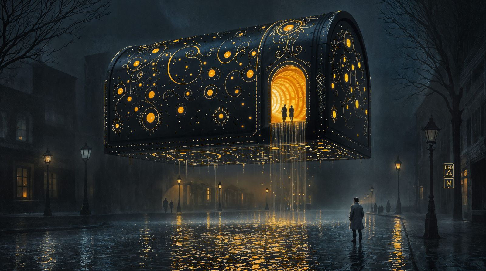 Mysterious Cityscape with Glowing Metal Structure