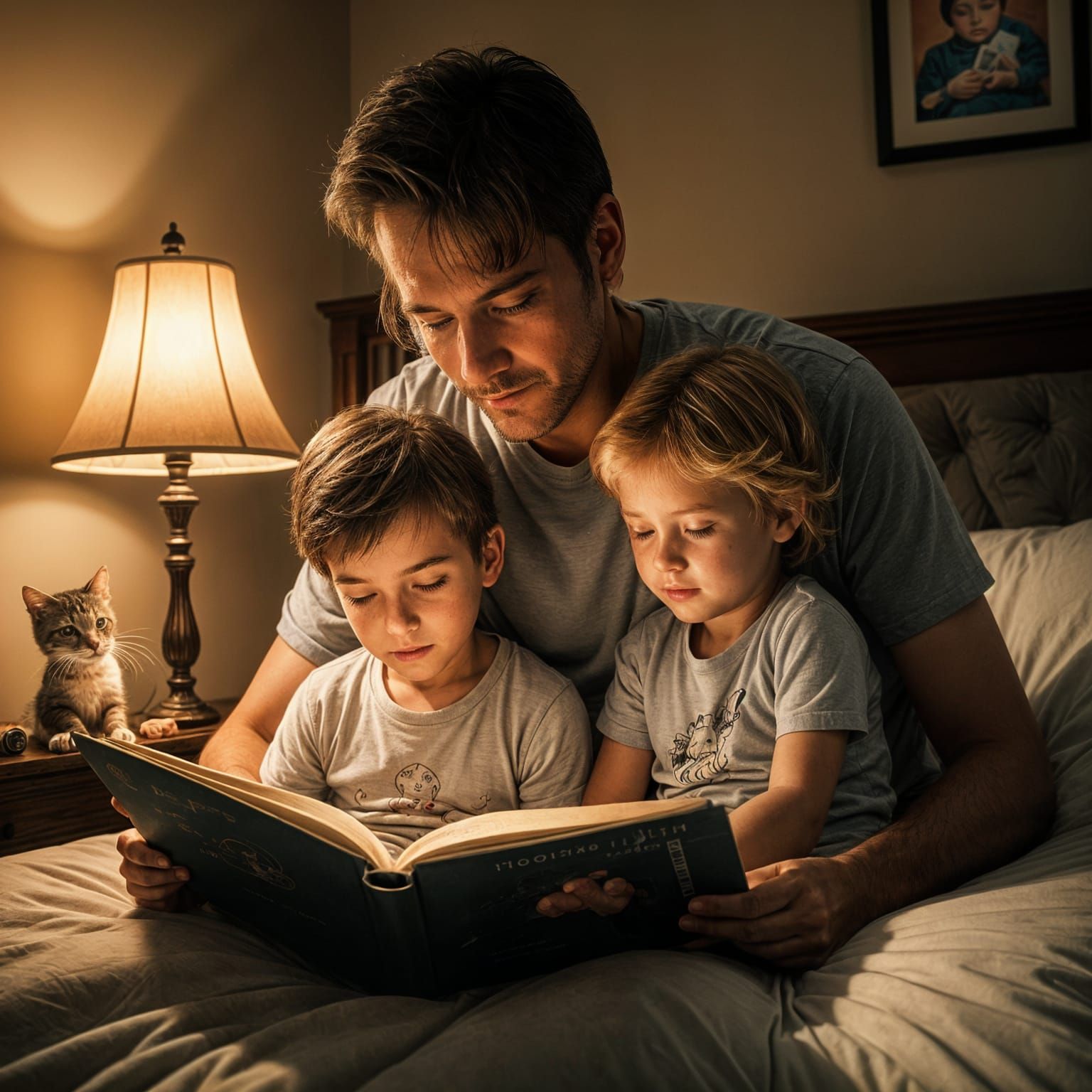 Cozy Bedtime Story Scene with Cat and Child