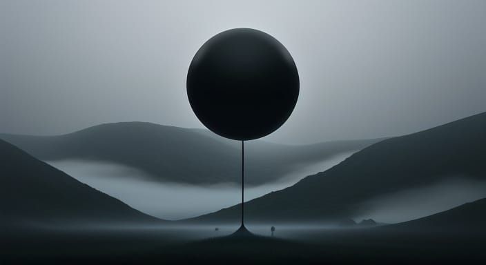 Ethereal Dark Orb Sails Through Misty Skies in Cyberpunk Sty...