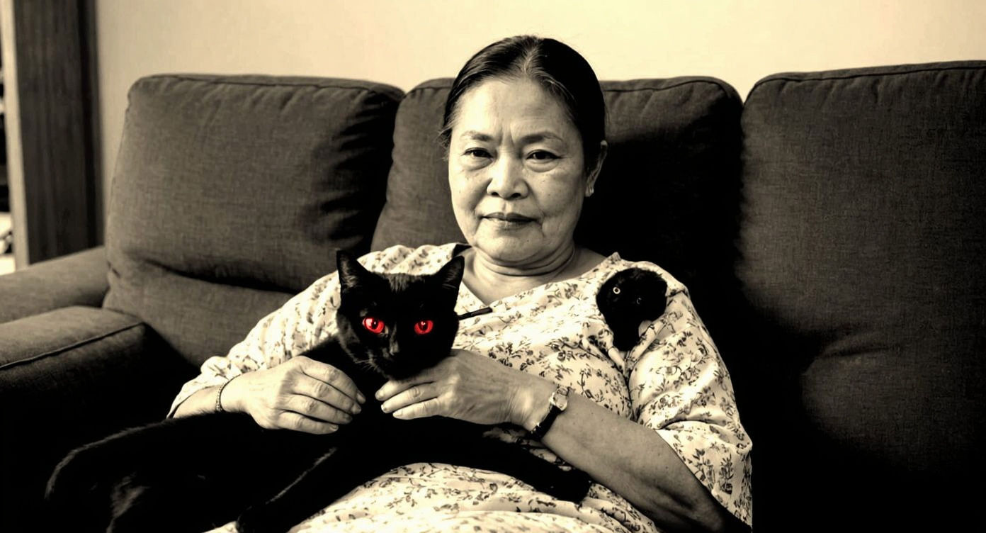 Woman Cuddling Black Kitten on Luxurious Couch