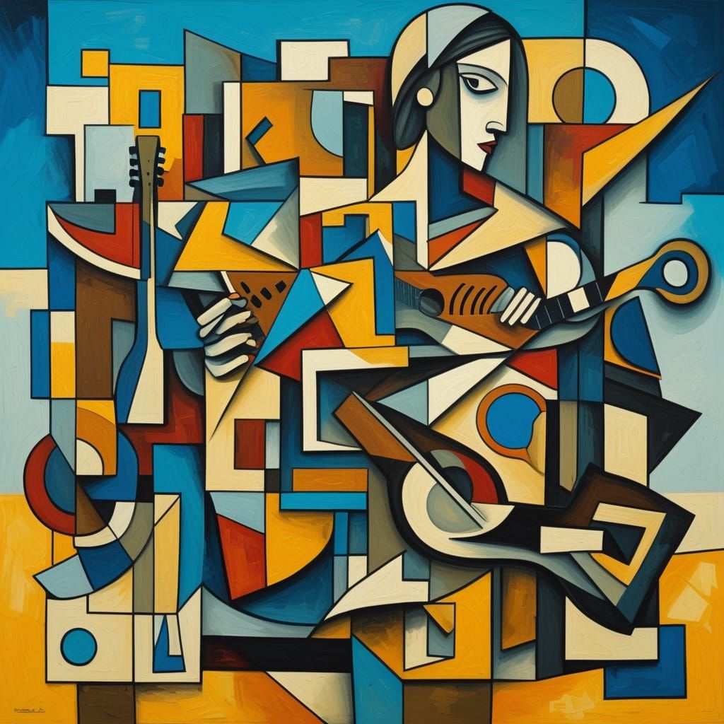 Cubist Painting of Woman with Guitar in Fragmented Room