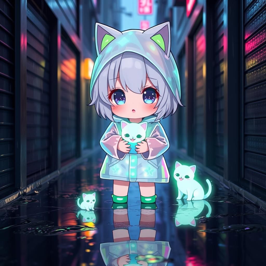 Chibi Character in Rain with Luminous Cats