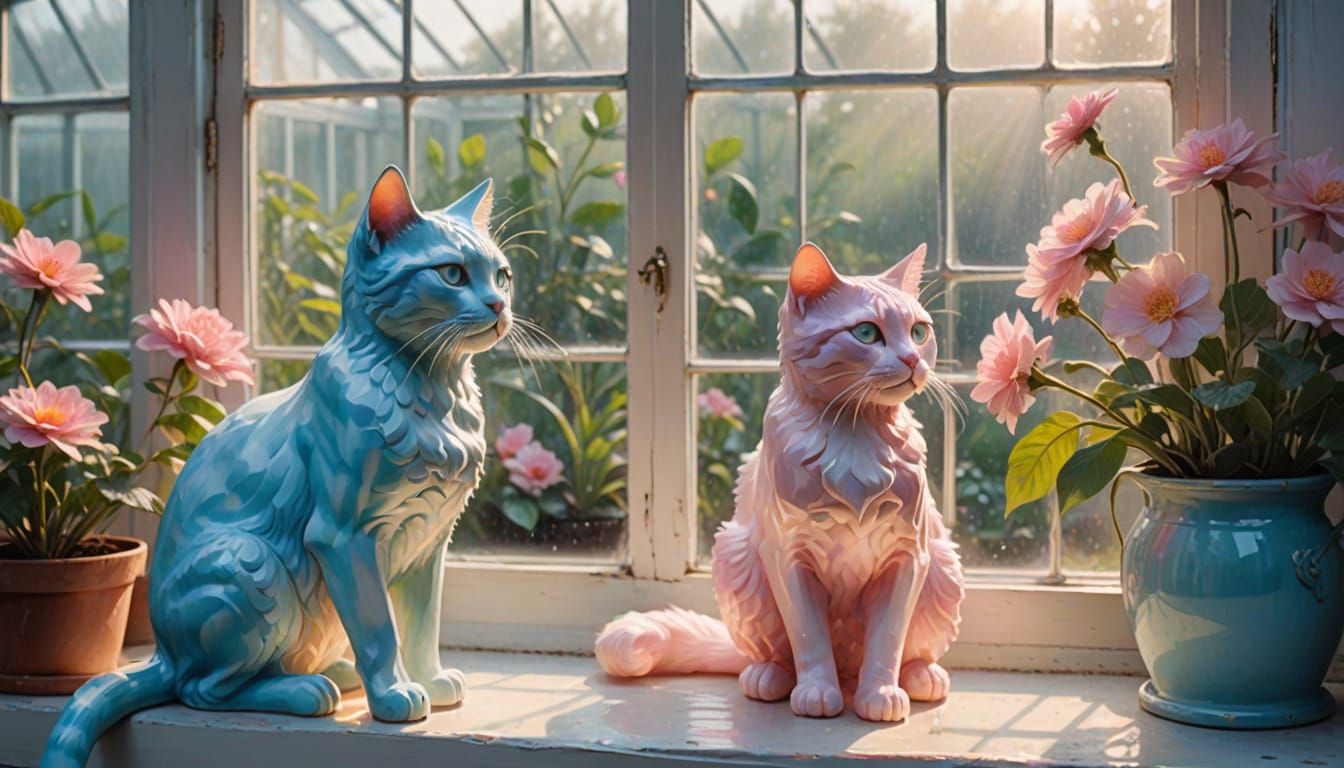 One blue gingham colored cat statue and one pink gingham col...