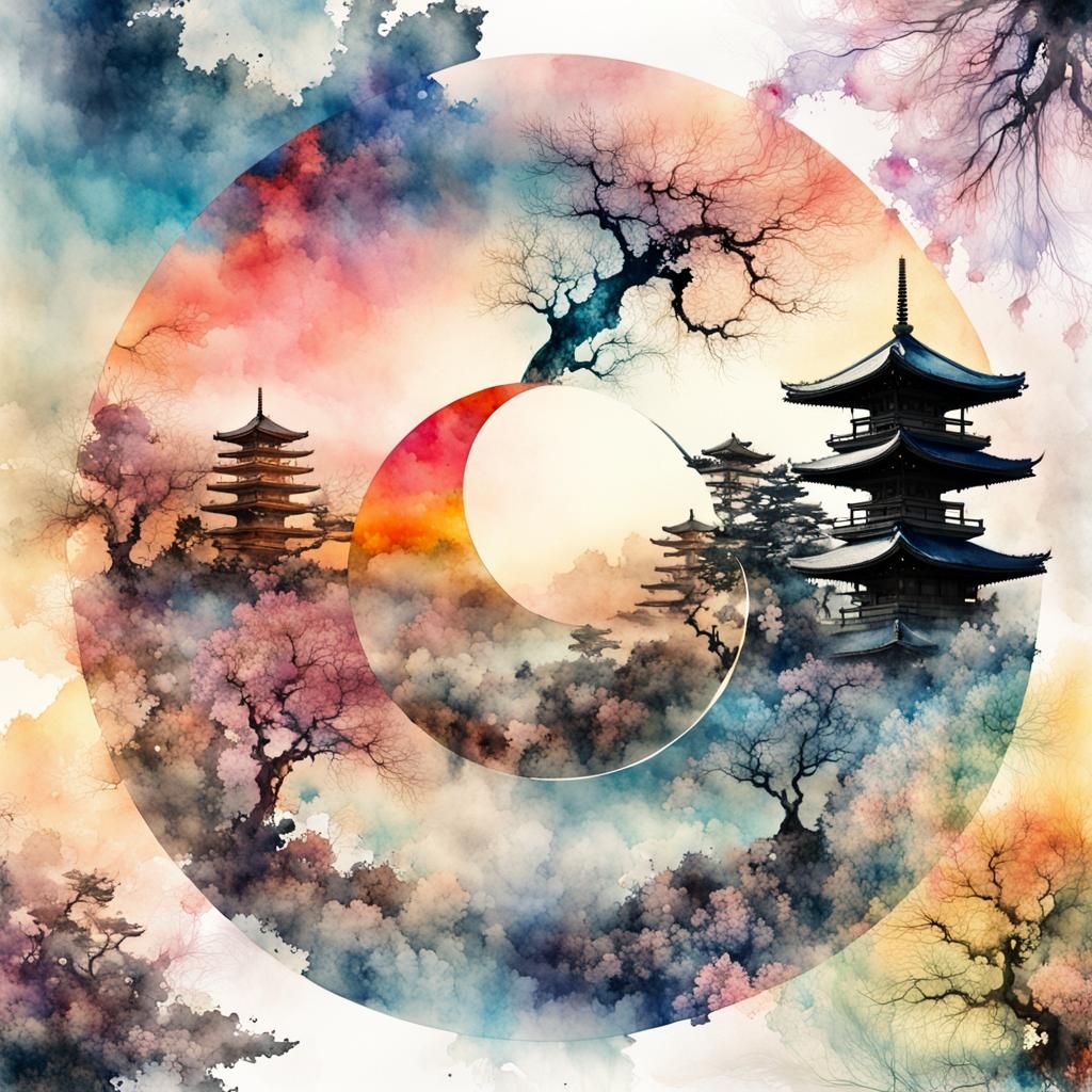 Japanese Landscape Watercolor Double Exposure Art