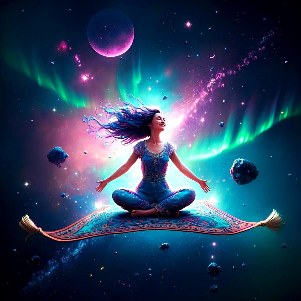 Joyful Woman Rides Magical Carpet Through Cosmic Night Sky