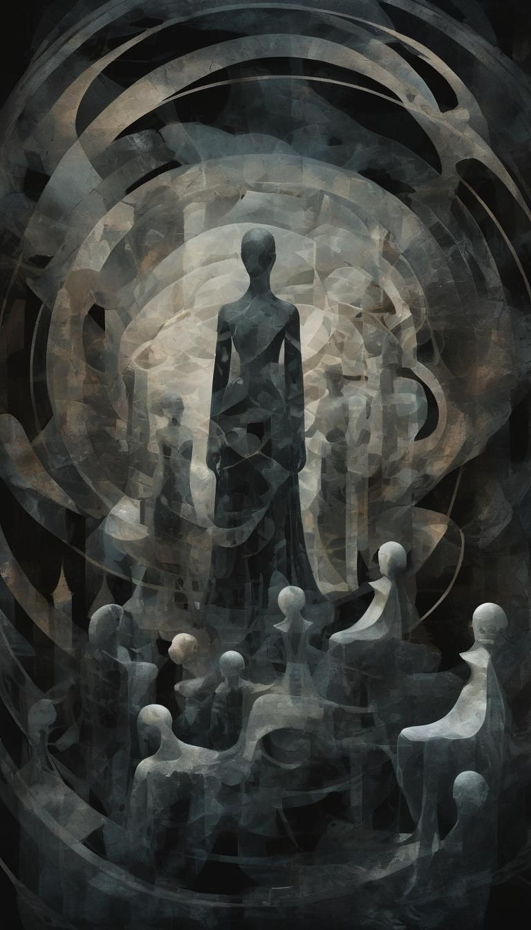 Surreal Overlapping Figures in Dreamlike Dark Fantasy Style
