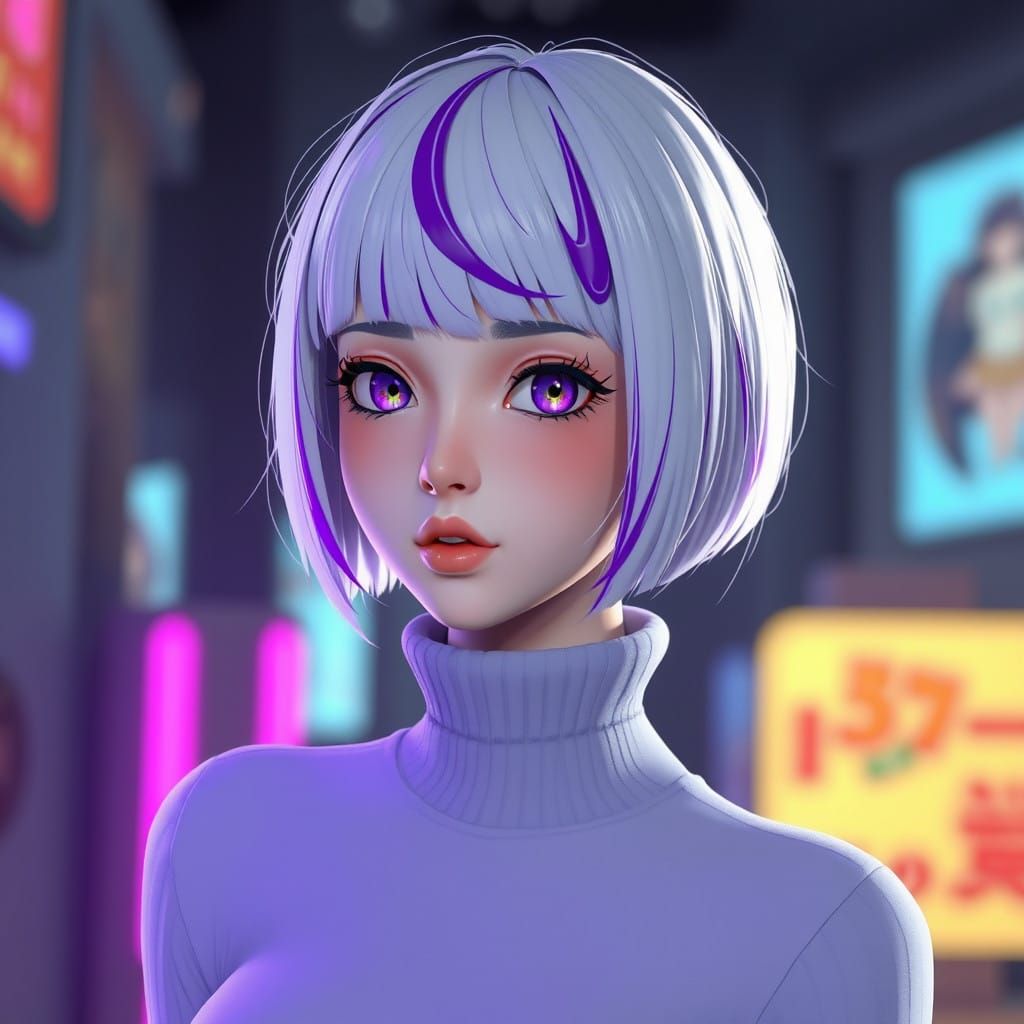 Anime-Inspired Woman with Vibrant Purple Streaks