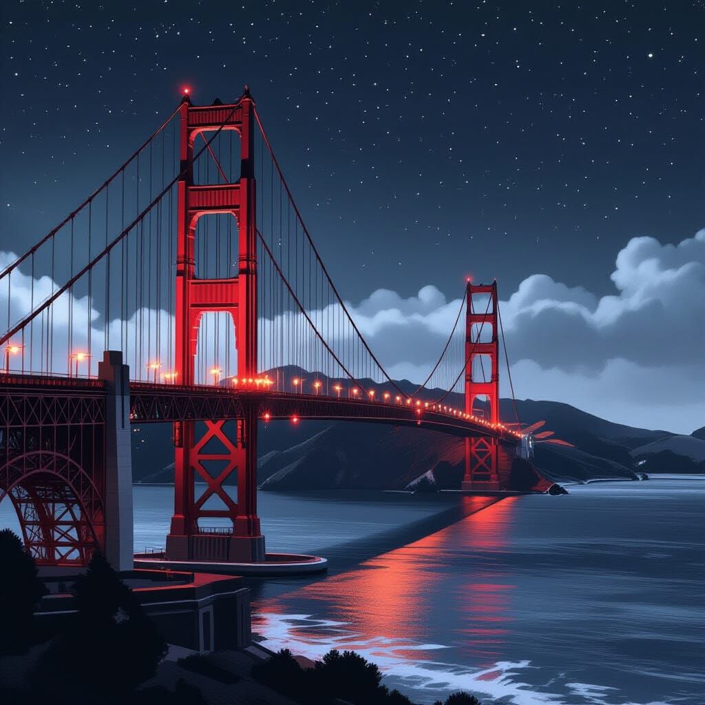 Golden Gate Bridge At Night Matte Painting With Red Accent