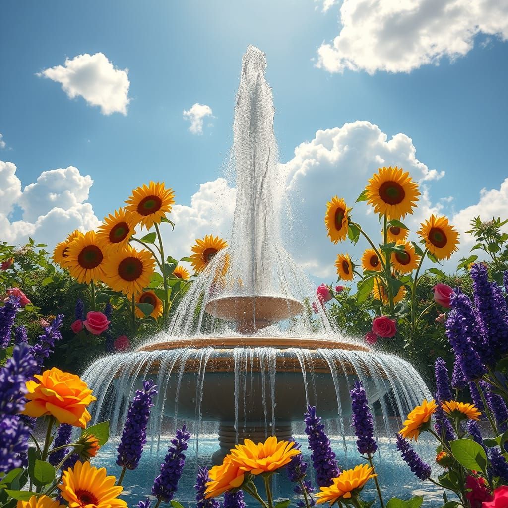 Magnificent Fountain Reflecting Vibrant Garden Hues