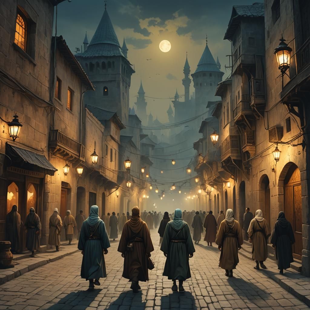 Medieval Turkish Street at Night, Atmospheric Oil Painting