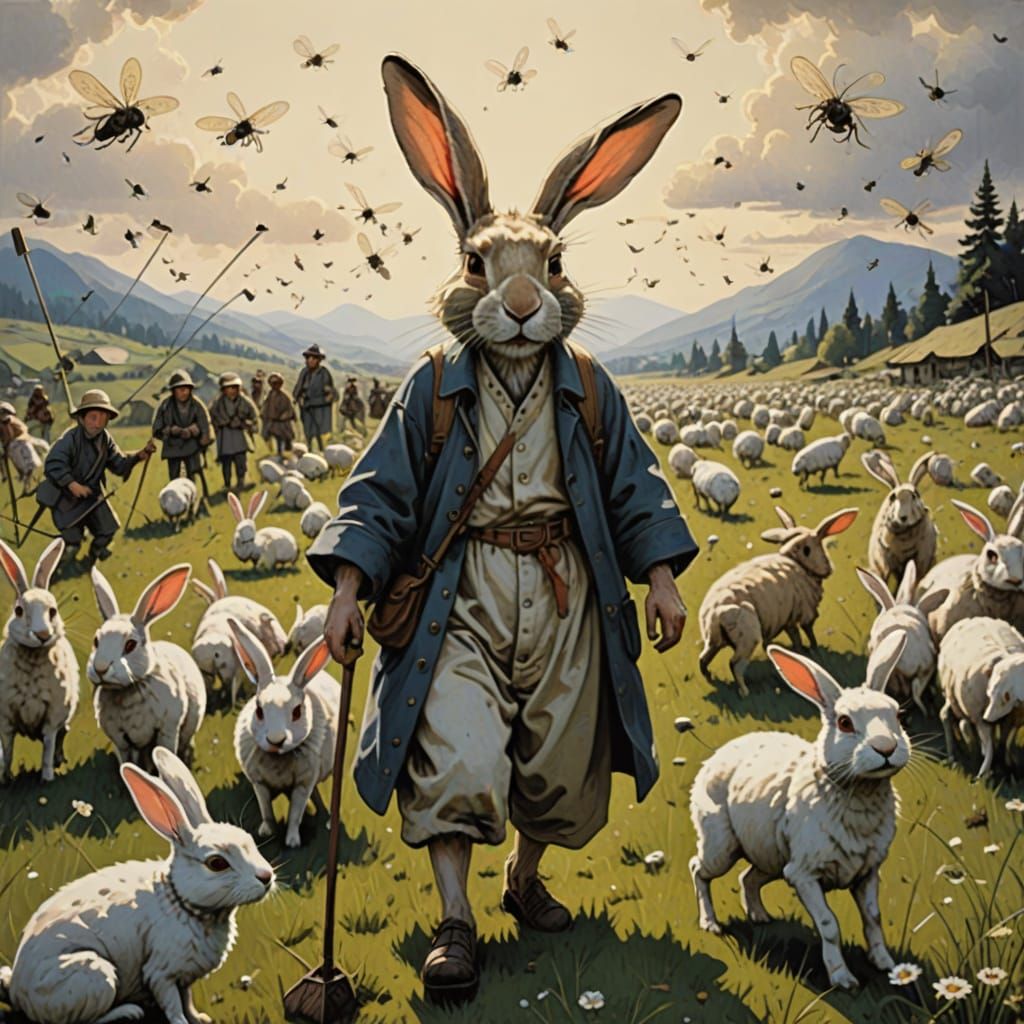 Rabbit Swarmed by Grief-Stricken Flies in Artistic Style