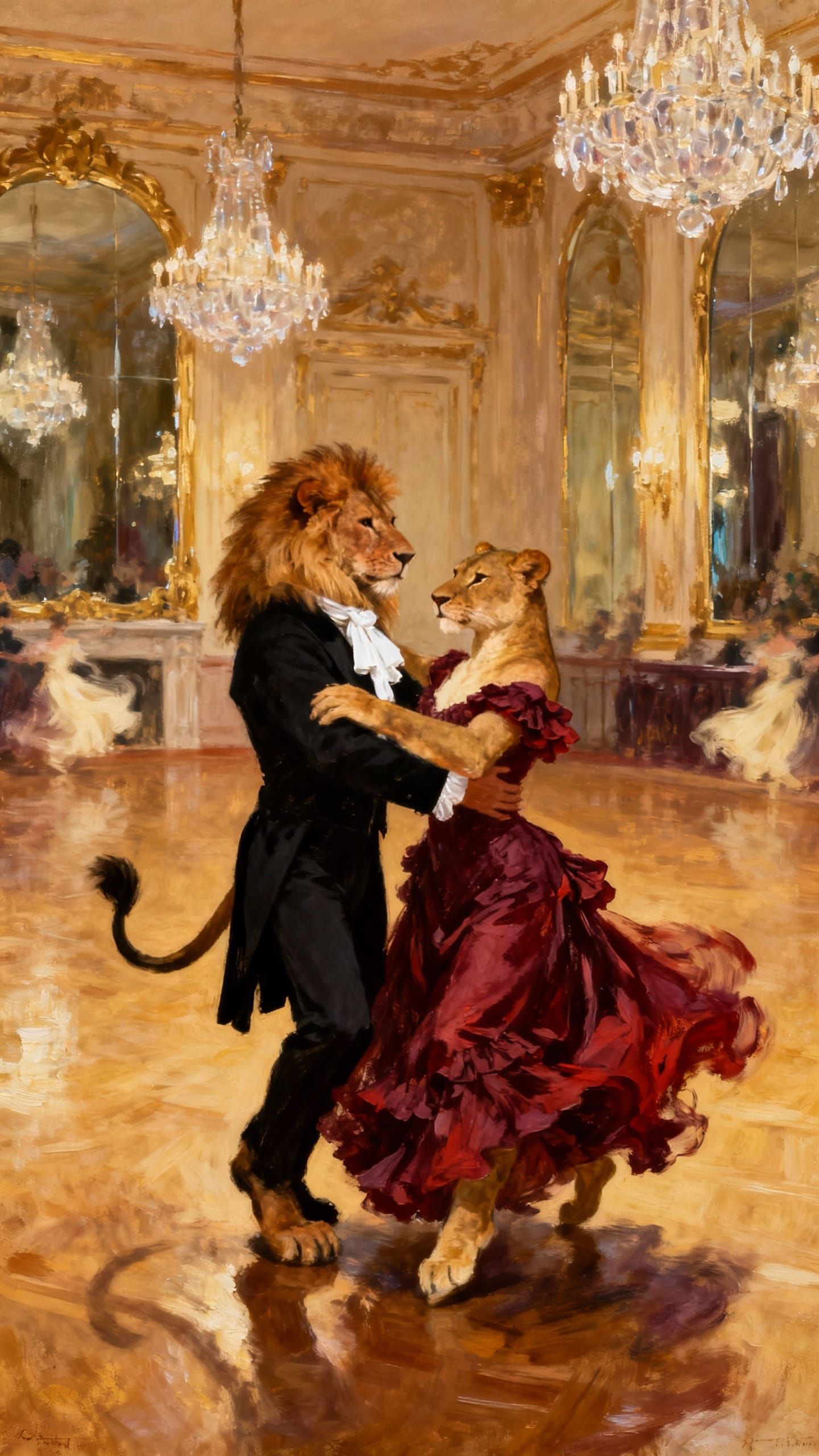 Lion Couple Dancing Elegantly in Classic Oil Painting Style