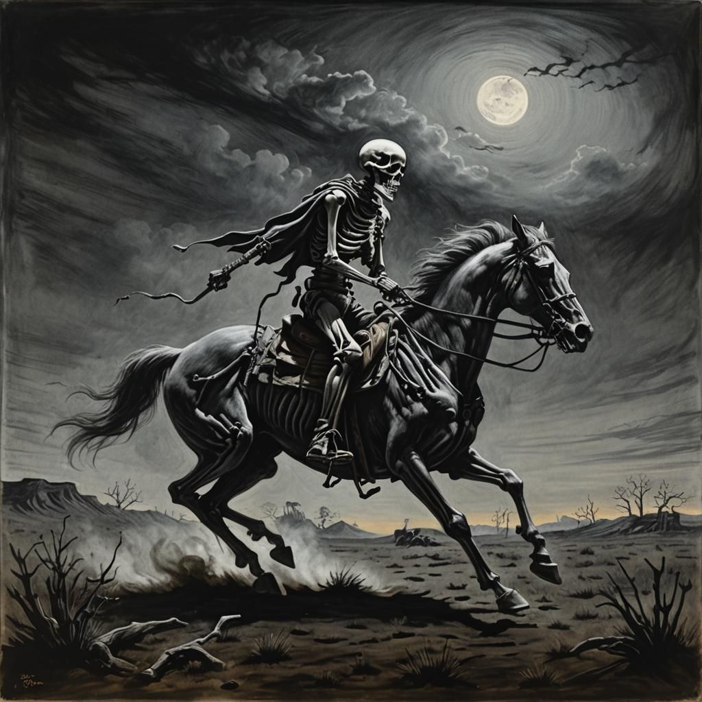 Skeleton Rider in Desolate Landscape: Charcoal Art