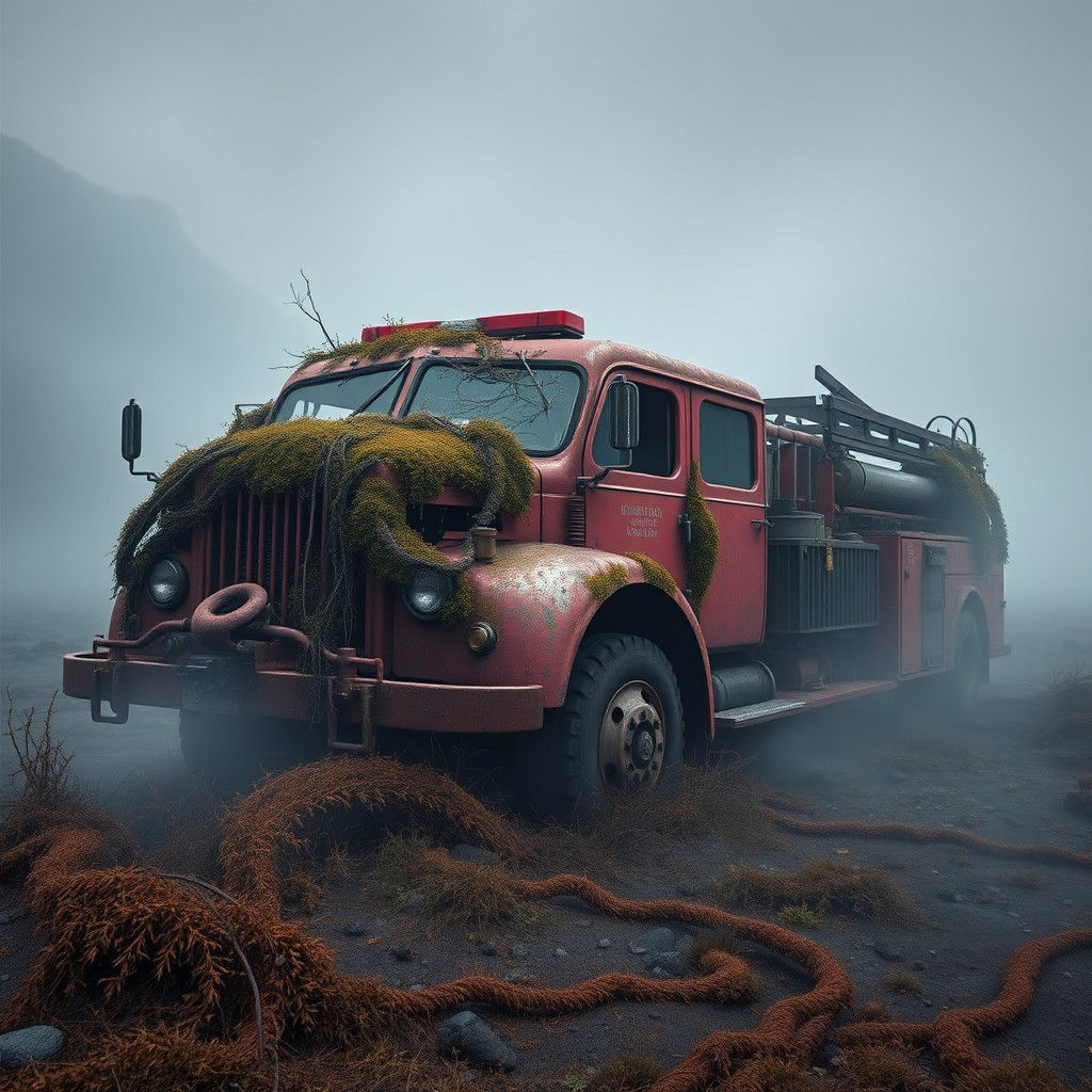 Abandoned Firetruck in Mystical Landscape, Matte Painting