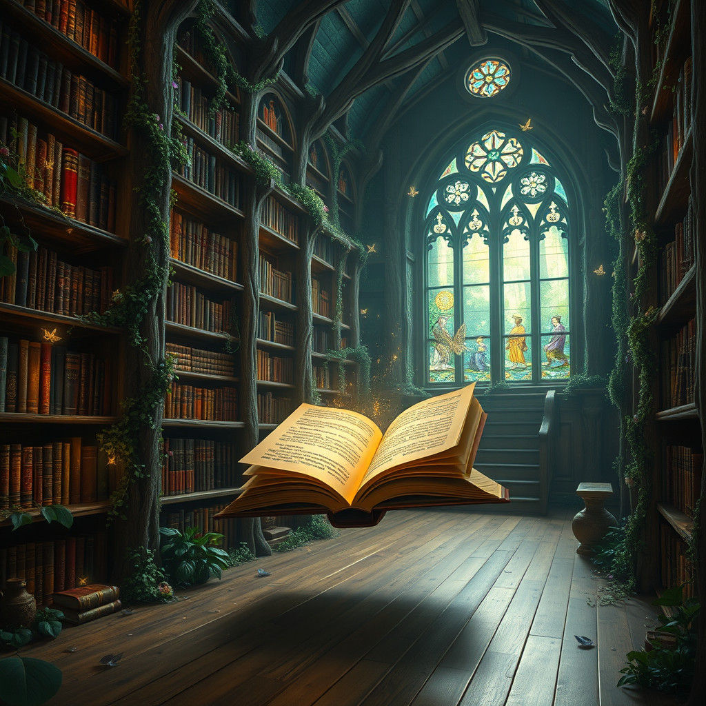 Mystical Forest Library with Glowing Books