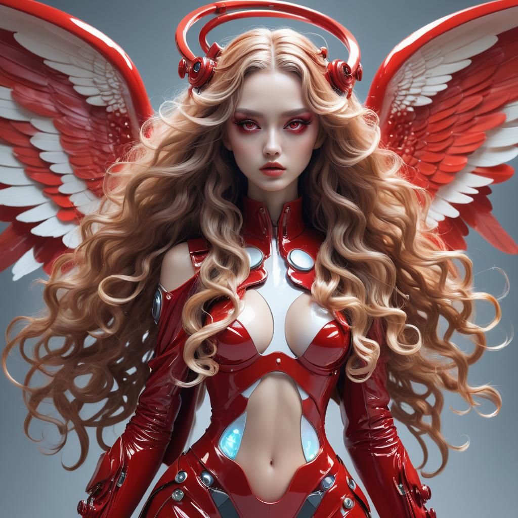 Futuristic Red Fashion with Angel Wings