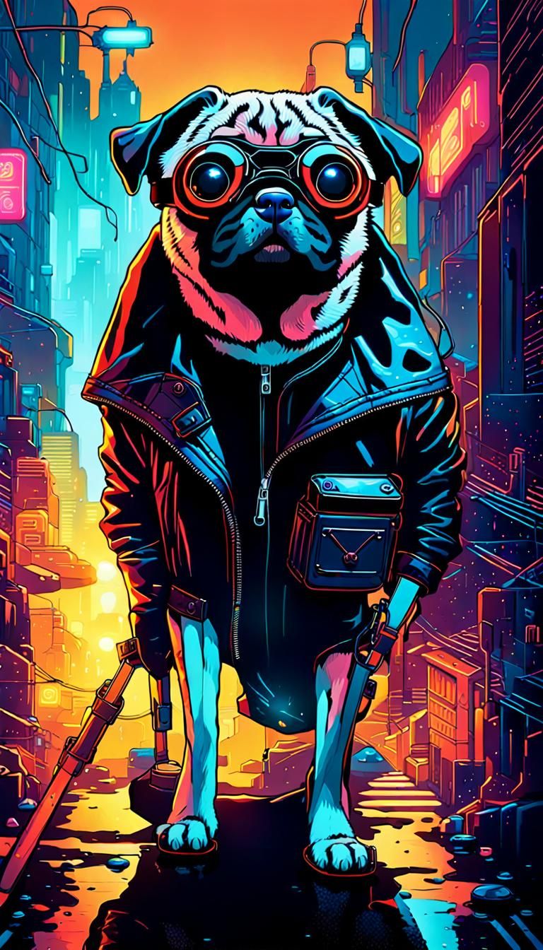 Cyberpunk Pug Mechanic in Dimly Lit Alleyway