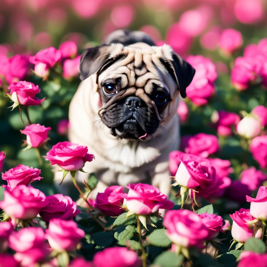 Pug in a Rose Field: Professional Photography