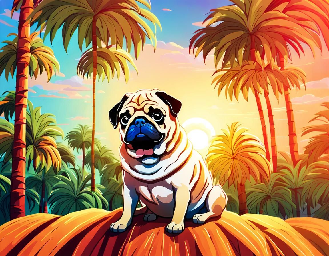Pug's Palm Tree Perch: A Whimsical Tropical Illustration