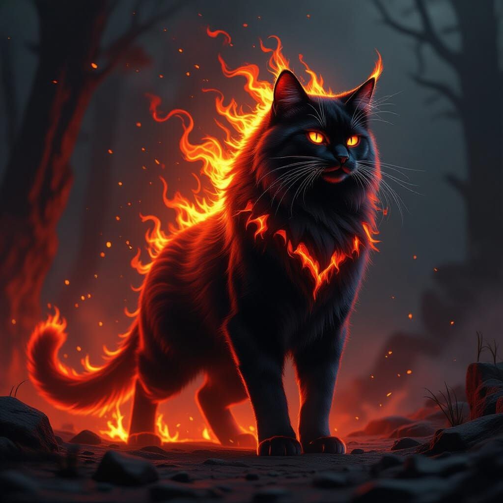 Inferno Cat Radiating Heat in a Mystical Environment