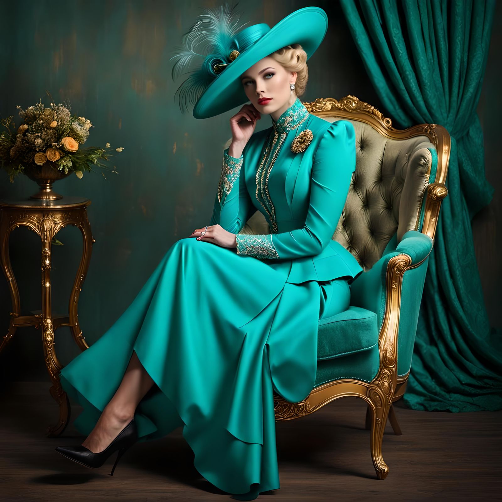 Edwardian Woman in Turquoise in Vintage Studio
