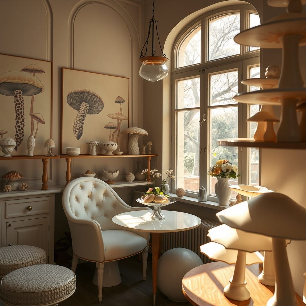 Warmly Lit Mushroom Boutique Interior in Soft Pastel Hues