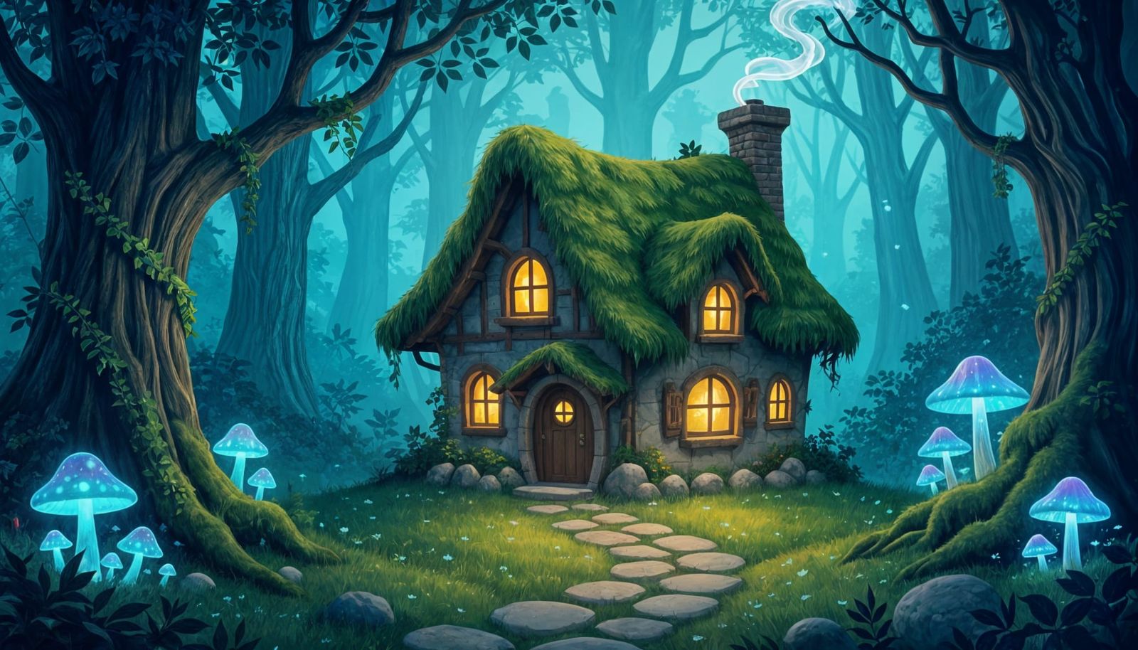 Enchanted Forest Witch Cottage in Soft Painterly Style