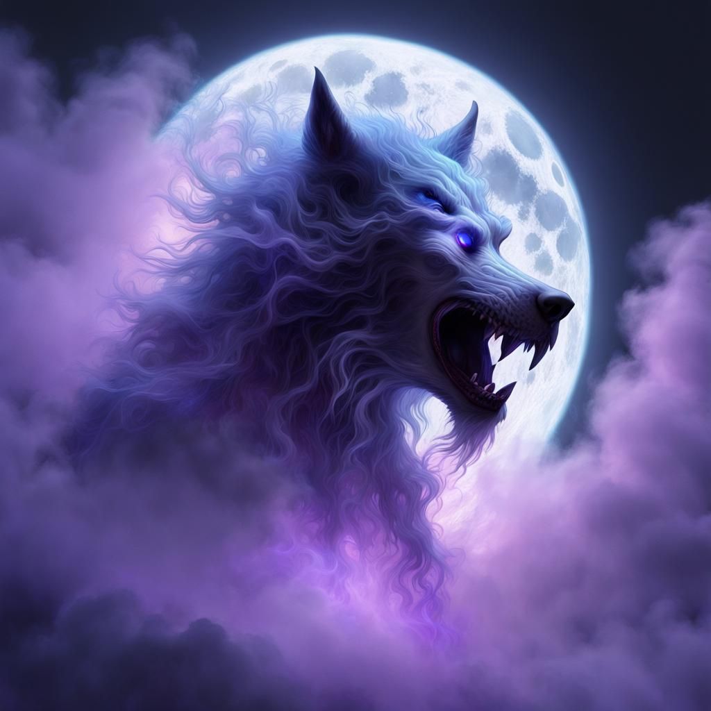 Ethereal Werewolf Ghost Under Bioluminescent Moon